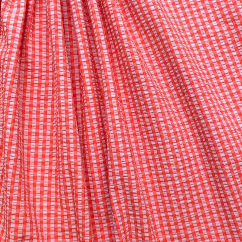 Tissu vichy seersucker pêche fluo