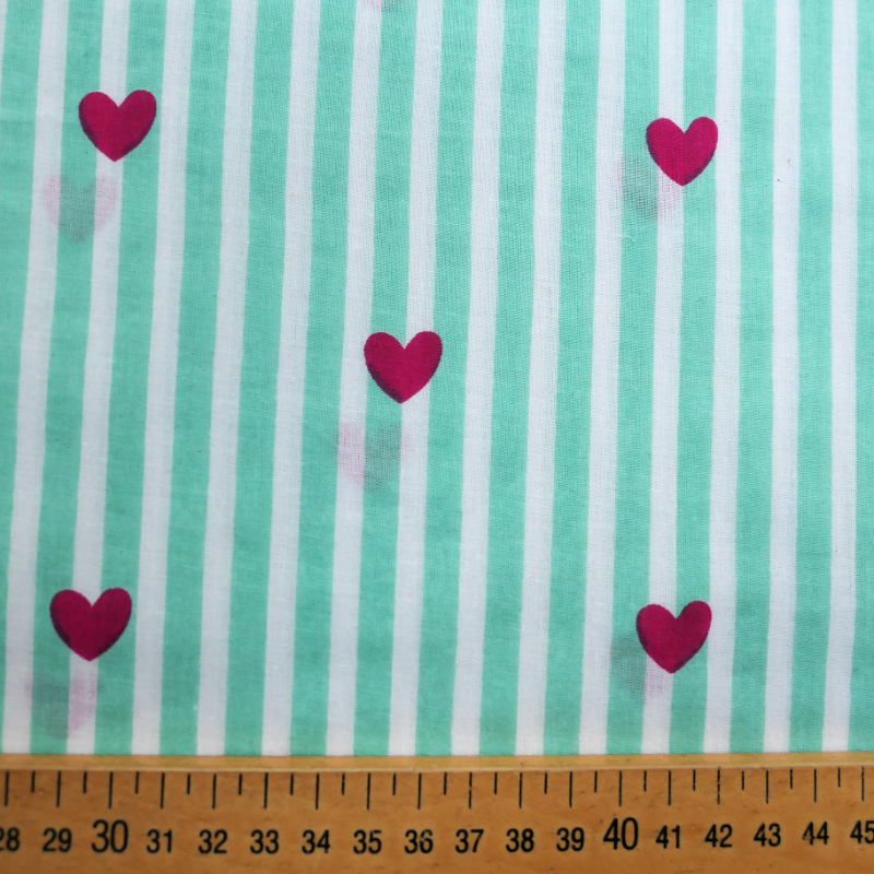 Tissu indien rayures fines mint coeur rose