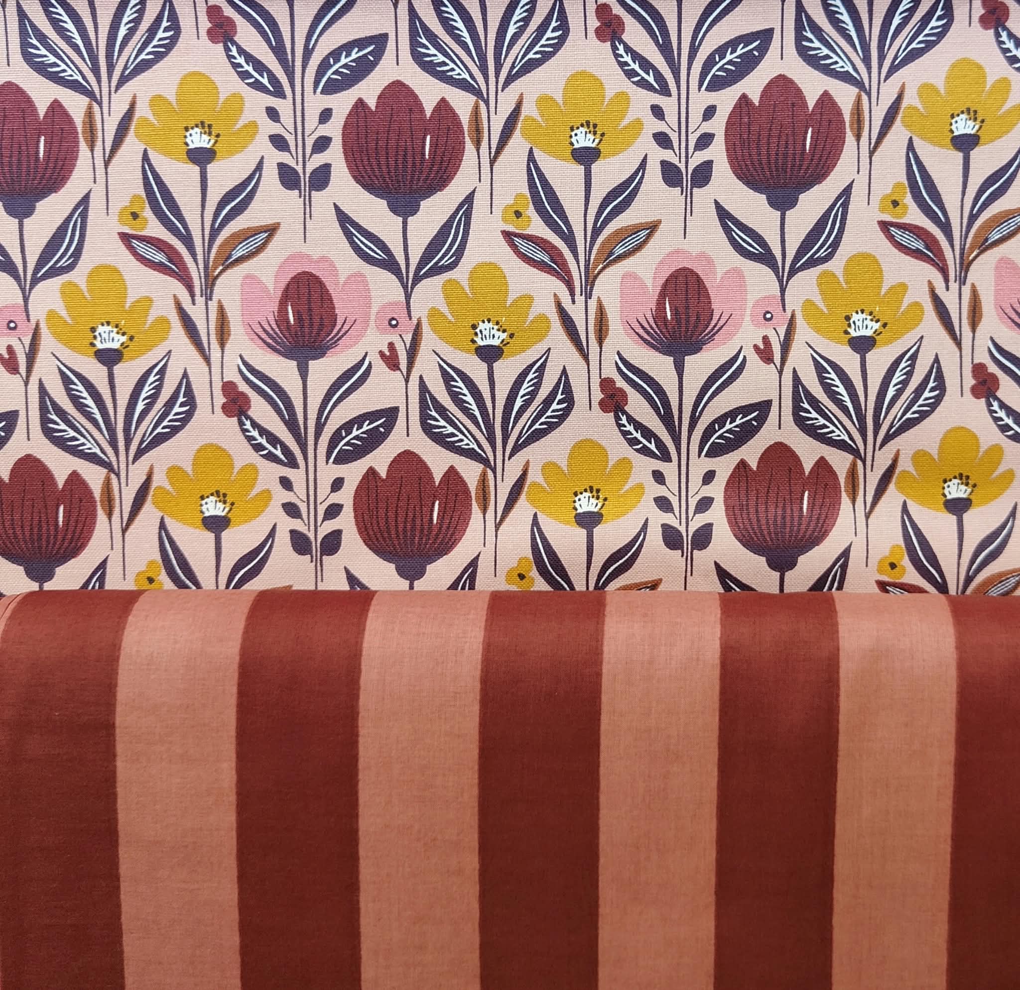Tissu demi natte Coton Fleurs vintage Rose
