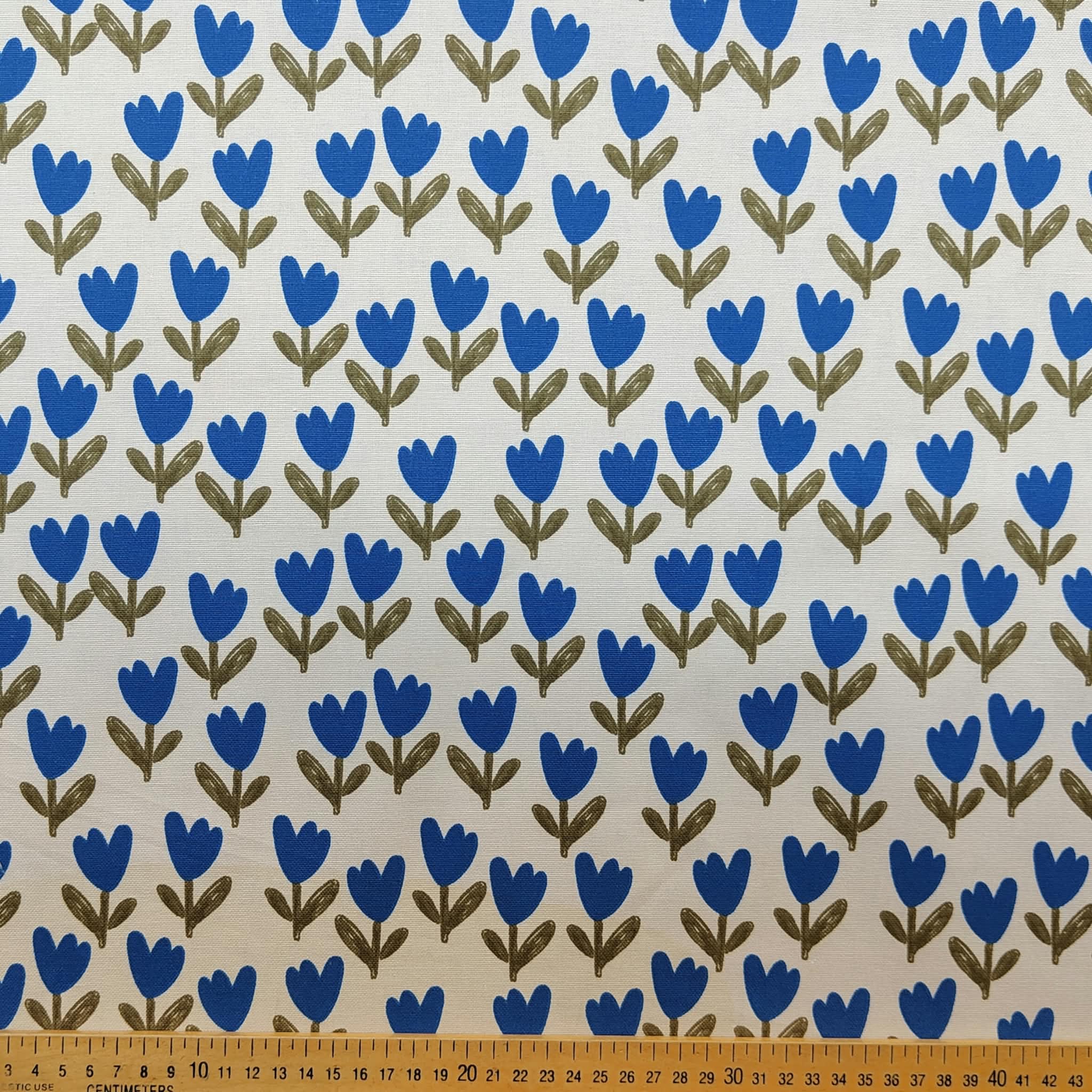 Tissu demi natte Tulipes Bleu et Olive