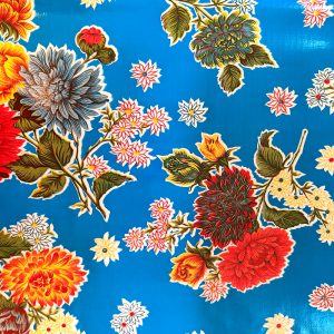 Toile cirée chrysanthèmes fond bleu