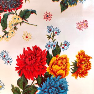 Toile cirée chrysanthèmes fond blanc